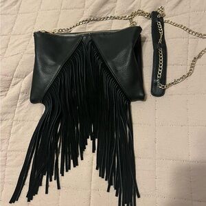Black leather fringe purse